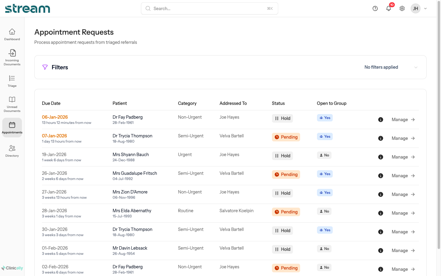 Stream appointments list showing scheduled appointments with due dates and status