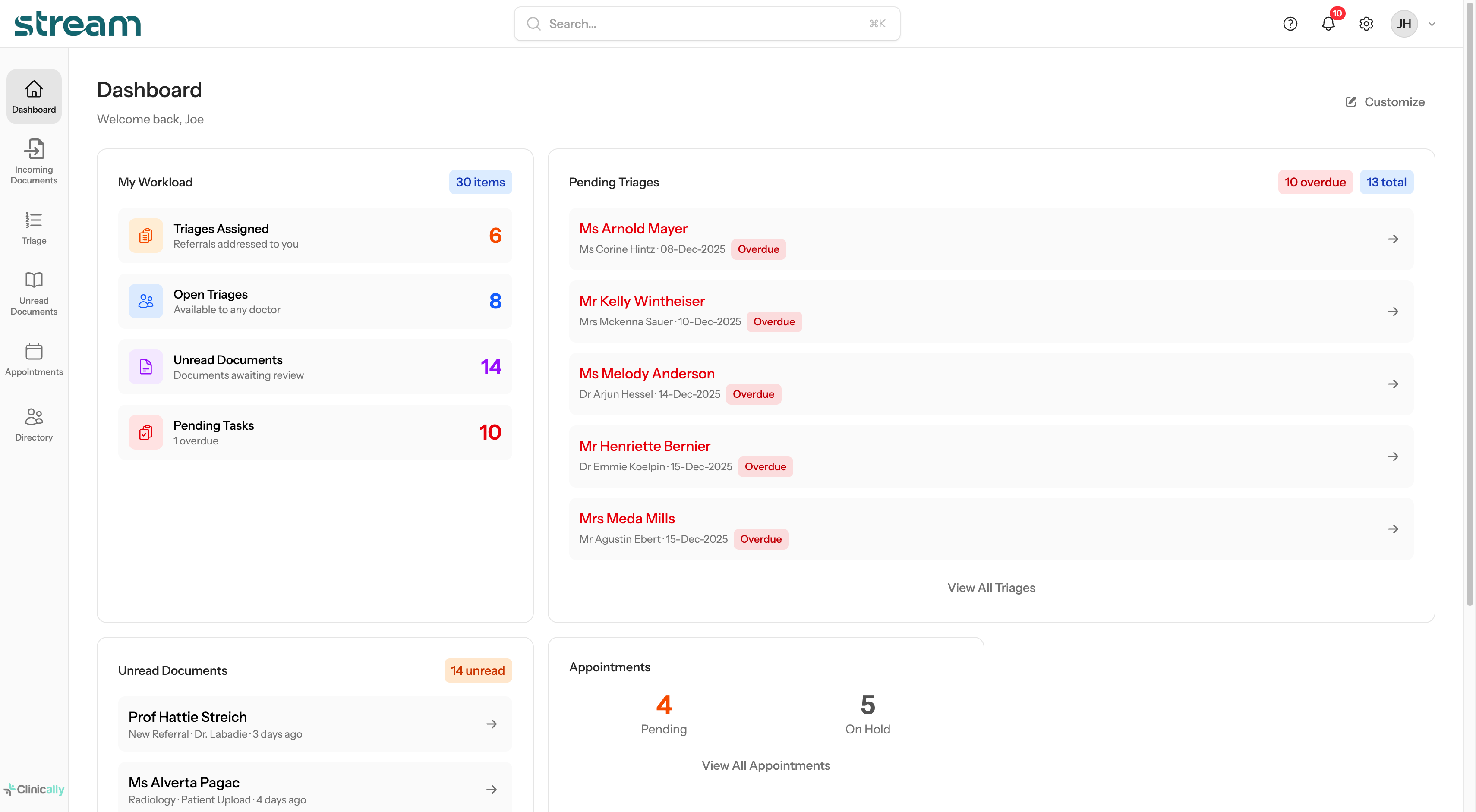 Stream dashboard showing referral overview and quick actions