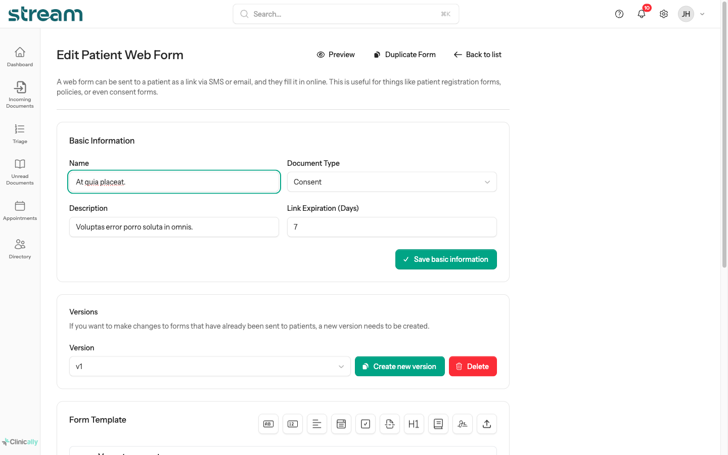 Stream form builder interface for creating patient web forms