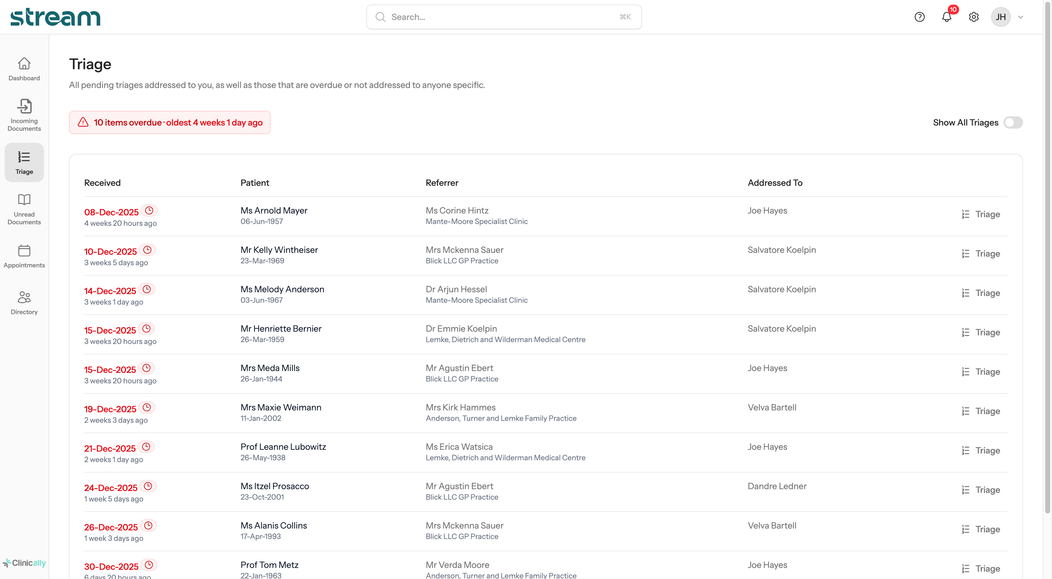Stream triage list showing pending referrals with patient details and due dates