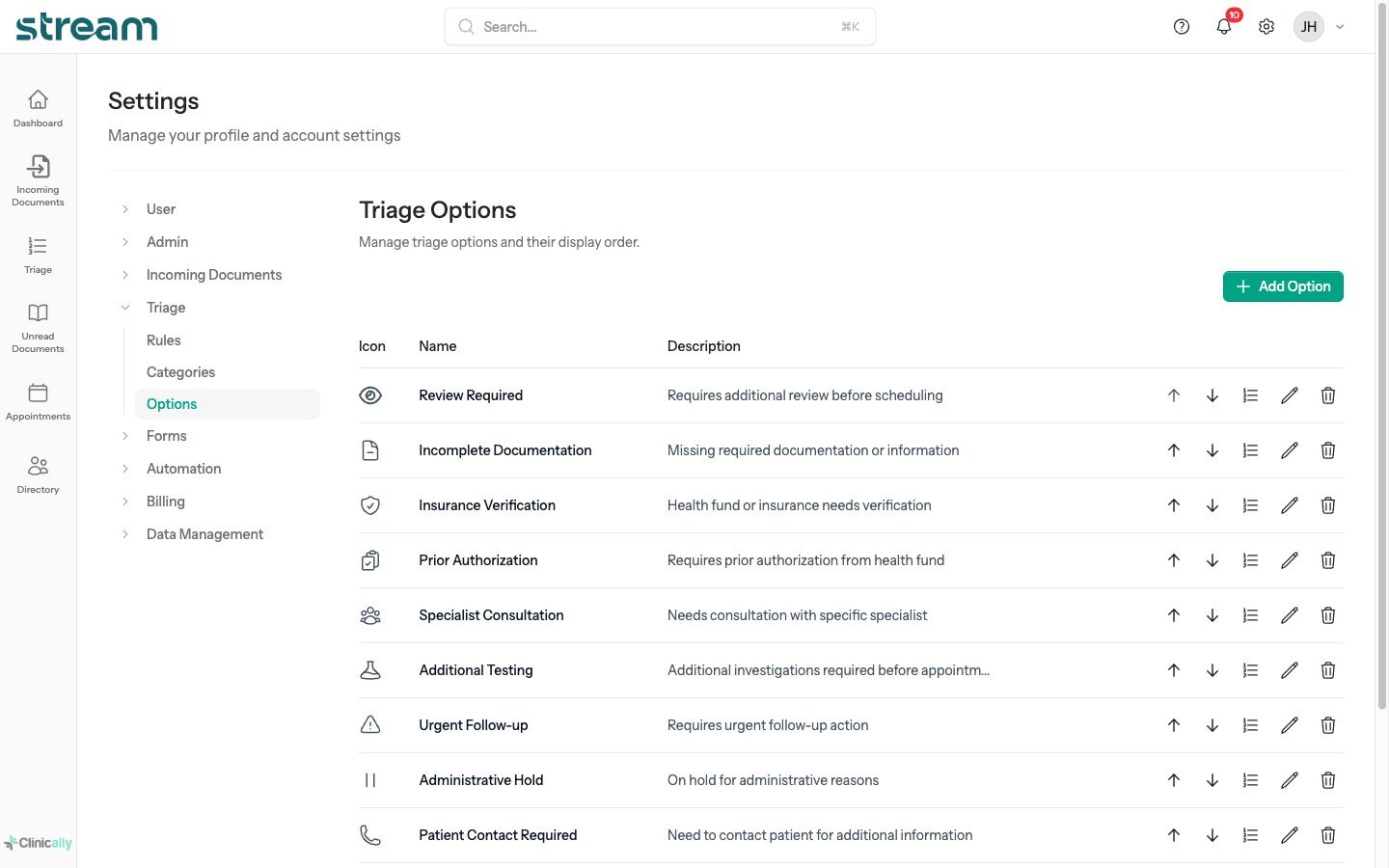 Stream triage options configuration screen